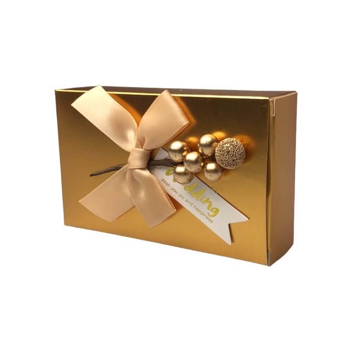 Подаръчна кутия с панделка и цвете 8x3.5x13cm - Златна