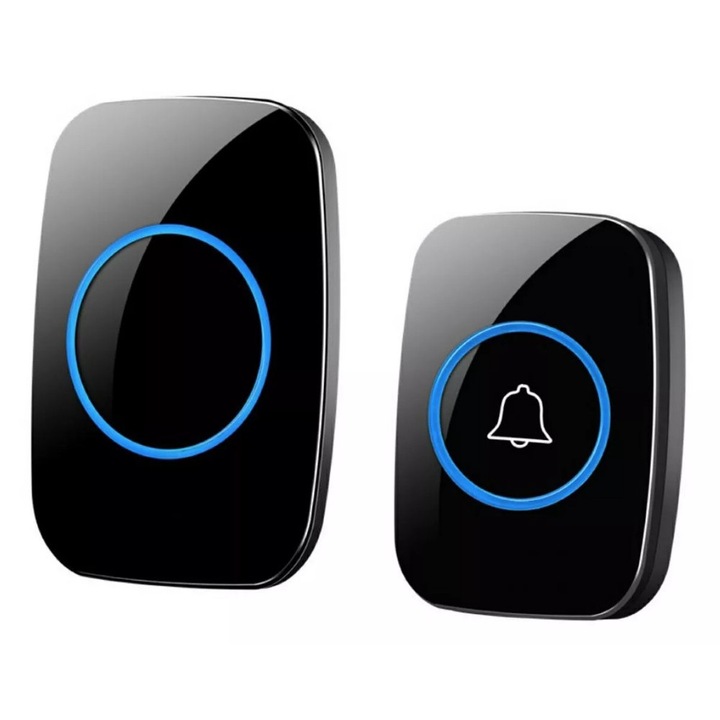 Sonerie wireless pentru usa de la intrare sau poarta, montare adeziva sau cu suruburi incluse, waterproof, 6.5x3x10cm, Negru