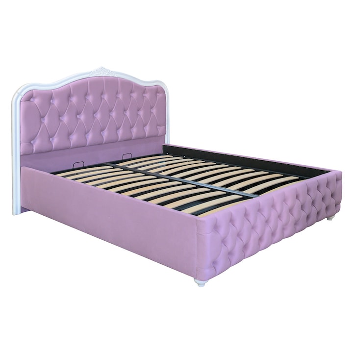 Pat dublu tapitat Siesta cu picioare, 180/200, lila, cu somiera metalica rabatabila si lada de depozitare
