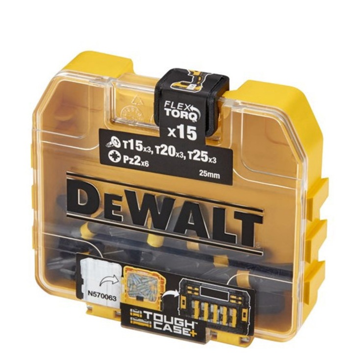 Set 15xbiti de impact, DeWalt, TX15/TX20/TX25/PZ2, Adaptor, 1/4"