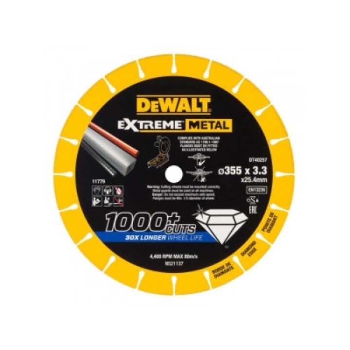 Disc diamantat metal/otel/inox/aluminiu/tabla/fona Dewalt DT40257, 355x25.4x3.3mm