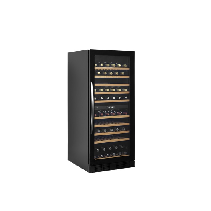 Racitor pentru vin frameless TEFCOLD, TFW300-2F, H 139 cm, 119 sticle, pentru baruri, magazine, hoteluri, rezidential, 2 zone temperatura, panou de control digital, temperatura reglabila, 10 rafturi din lemn, racire ventilata, negru
