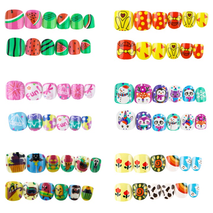 QttvbTna gyerek műköröm szett, 6 szett, többféle kivitelű, többszínű, nem mérgező