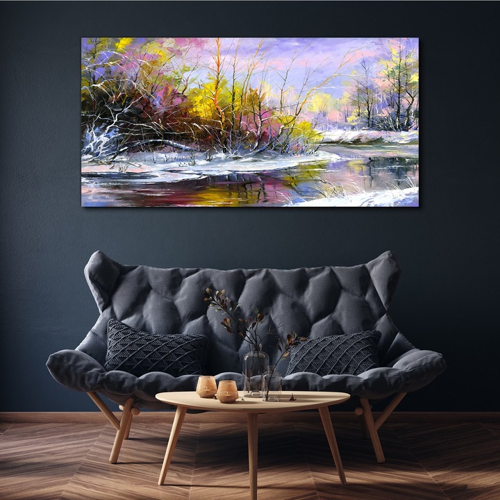 Vászonkép, Coloray, Négyszögletes, Olajfestmény Téli Fák Folyó Természet, Sárga, 140x70 cm, 010030010100000048971