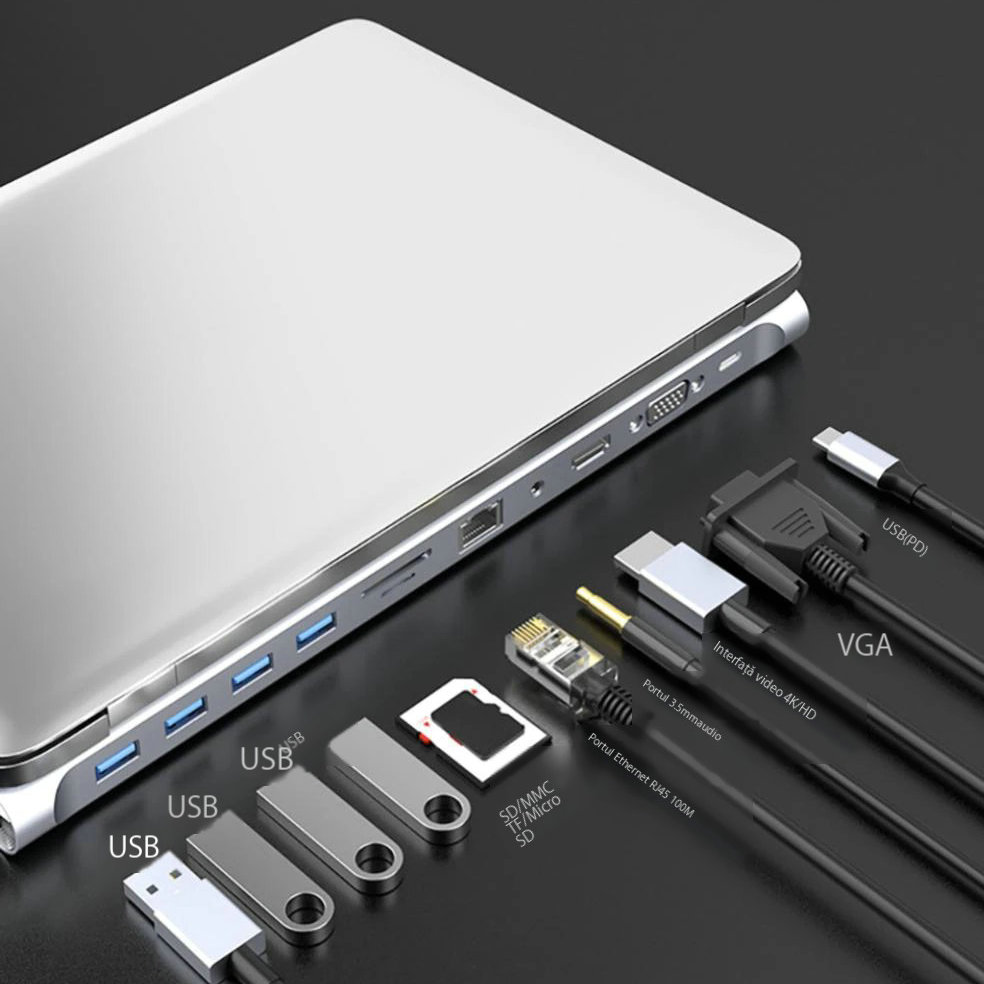 HuUSB C 11 in1, 4K HDMI, Съвместим RJ45 SD/TF VGA PD, USB-C докинг ...