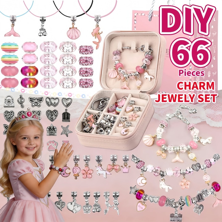 Set realizare bijuterii, Excitat, 66 Piese, 5ani+, Roz