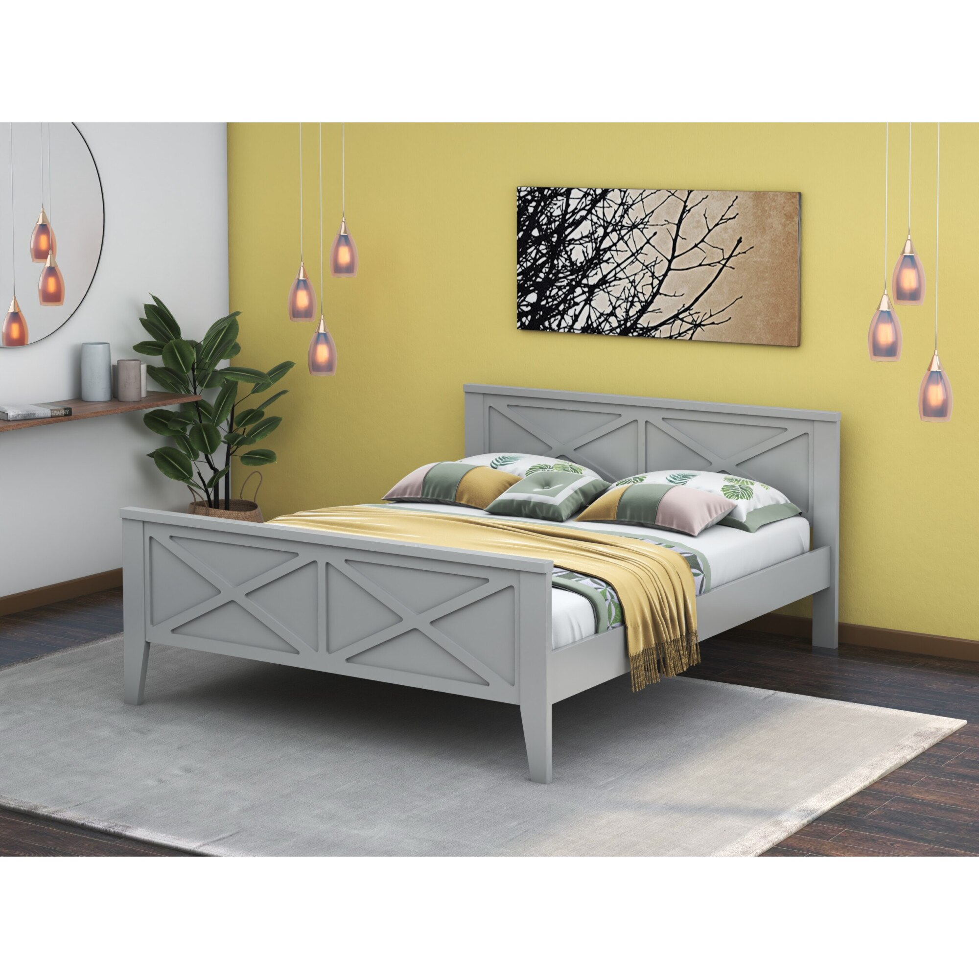 Pat Agata, 160x200 cm, cu 4 sertare, MDF, lemn masiv Fag, Gri - eMAG.ro