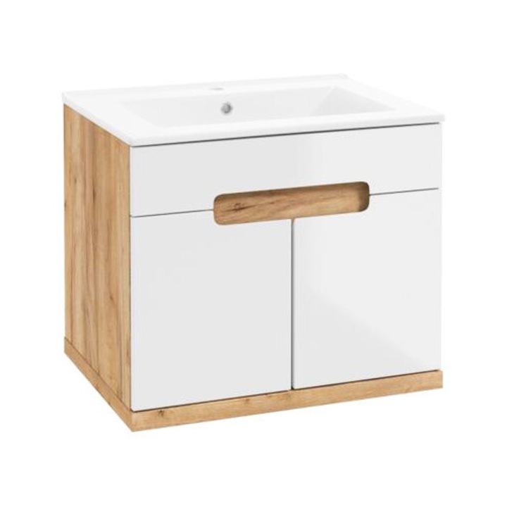 Dulap de baie suspendat cu chiuveta, DomoDomo, Lemn, 51x50x44 cm, Alb/Maro