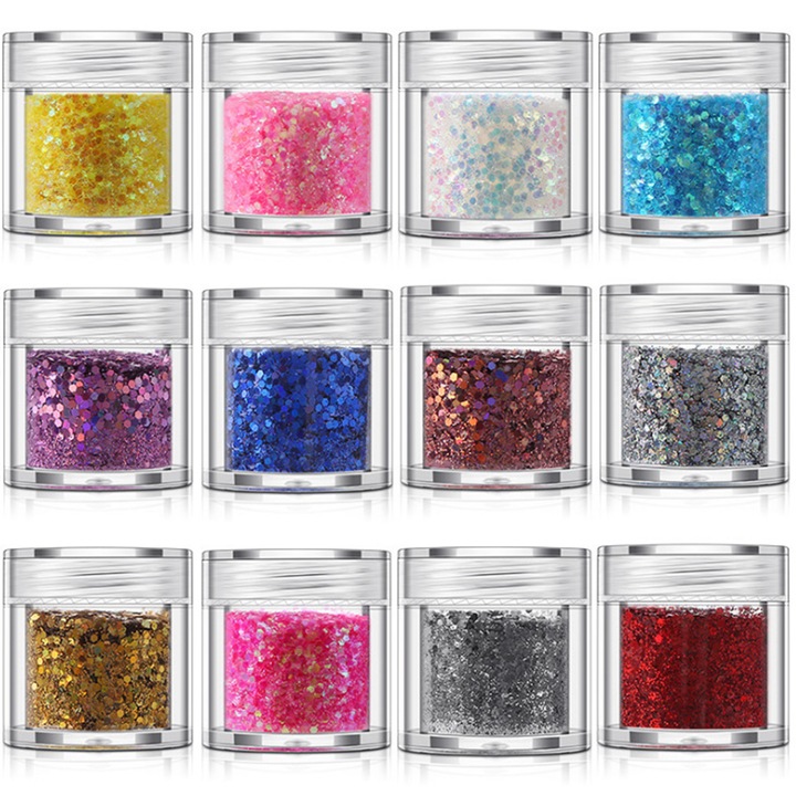 Set 12 cutii sclipici pentru unghii, hexagonal, multicolor, 2.5x2.9cm