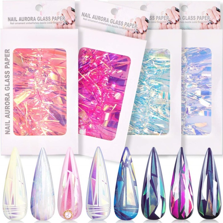 Set 4 Cutii Folii Transfer Unghii Cozevdnt, Efect Holografic Aurora, Multicolor