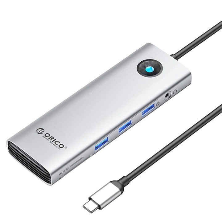 ХЪБ 10 в 1 Orico USB-C, HDMI, 3xUSB, SD/TF, аудио (сребрист)