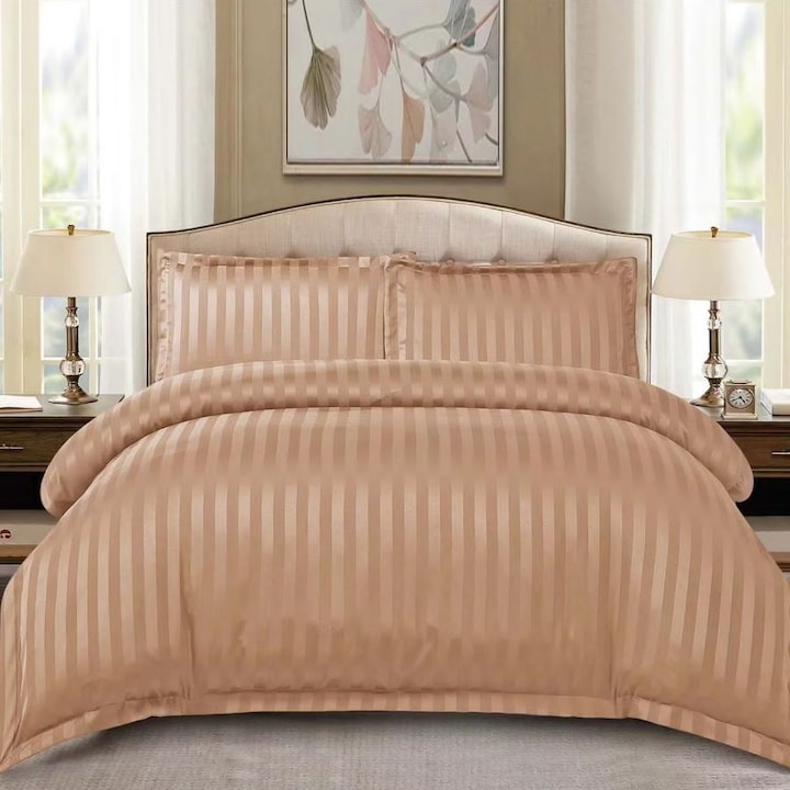 Lenjerie de pat PRIMAVARA DELUXE 100% bumbac, dunga damasc 1 cm, pentru pat de 2 persoane, 4 piese cearceaf de pat cu elastic 180 x 200 cm maro
