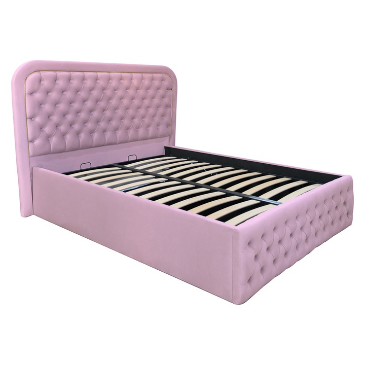 Pat dublu tapitat Oregon cu nasturi tapitati si banda aurie, 180/200, roz, cu somiera metalica rabatabila si spatiu de depozitare