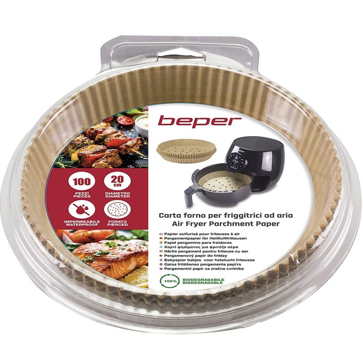 Комплект хартиени подложки за Air Fryer Beper C103ACC001, 100 бр, Пергаментова хартия, 20 см, Незалепващи, Биоразградими, Кафяв
