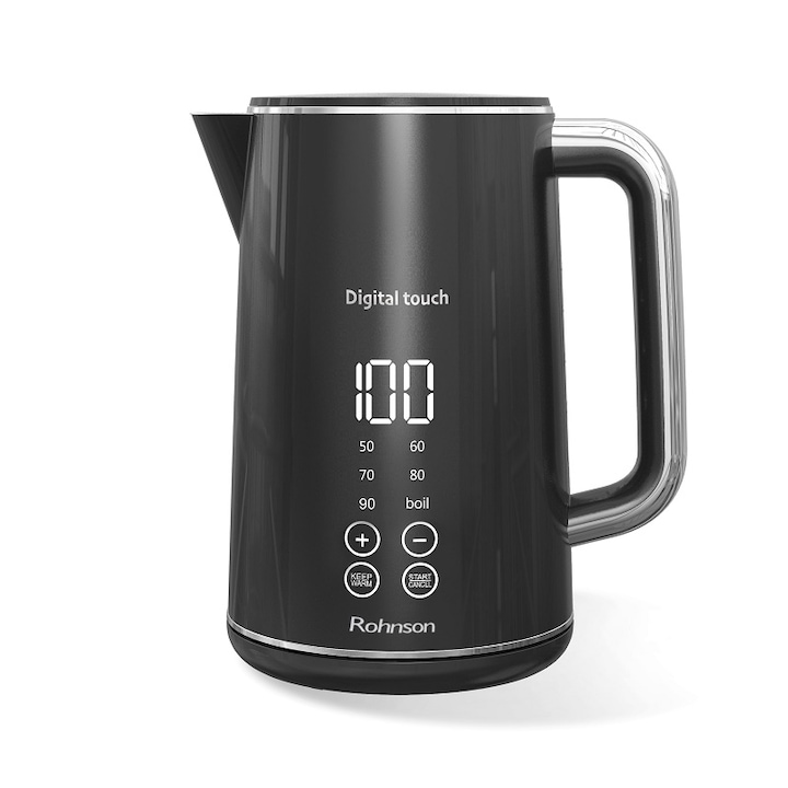 Fierbător electric Rohnson R-7600, 2000W, 1.7 l., Afișaj digital, 5 setări de temperatură, Safe touch, Negru