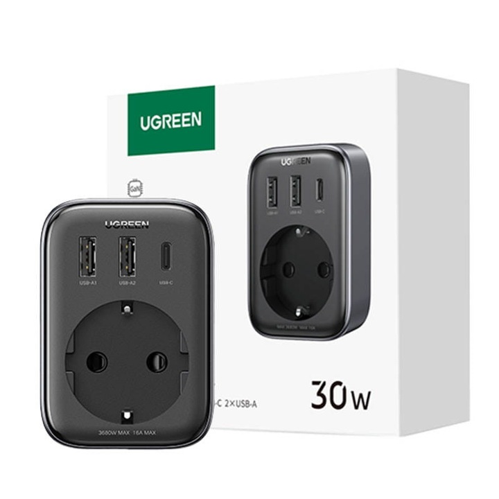 Adaptor priza UGREEN, 220V, AC 3680W, Quick Charger 2x USB-A, 1x USB-C, 30W, Negru