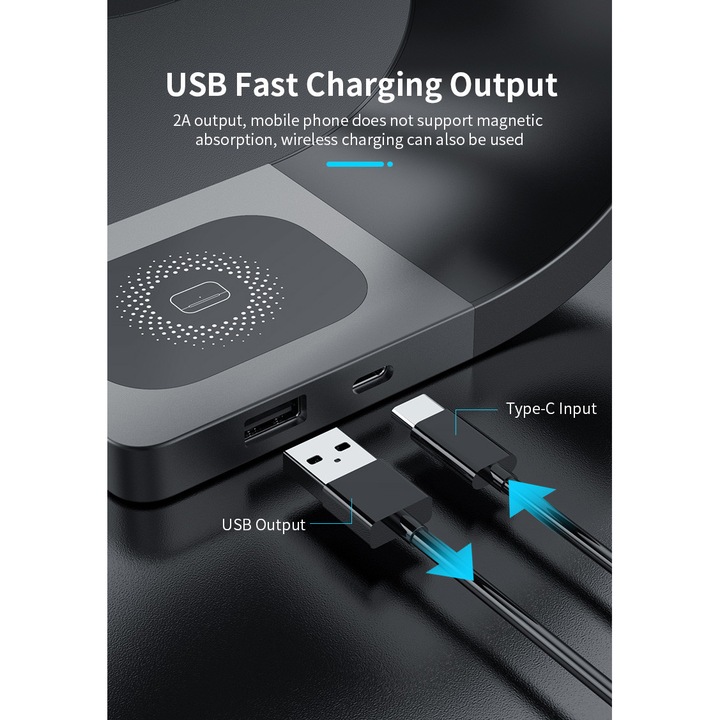 Incarcator wireless fast charge 3 in 1, 15W, QC3.0, pentru telefon, Apple Watch 2/3/4/5/6/7/8/SE, Airpods, Alb