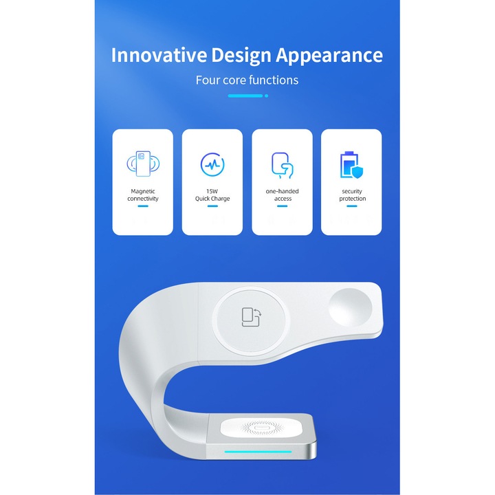 Incarcator wireless fast charge 3 in 1, 15W, QC3.0, pentru telefon, Apple Watch 2/3/4/5/6/7/8/SE, Airpods, Alb