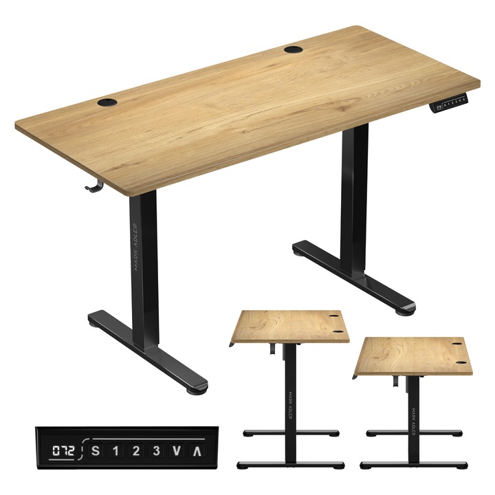 Birou cu inaltime reglabila Mark Adler Leader 7.0, blat 120cmx60cm, Inaltime 72cmx118cm, functie de memorie si afisaj LCD, Lemn
