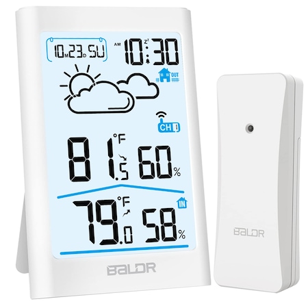 Statie Meteo fara Fir cu Senzor Exterior, BALDR, Termometru si Higrometru, Prognoza Meteo, Masurare Temperatura si Umiditate, Ceas cu Alarma, Display LCD de 4.5 Inch, Alb