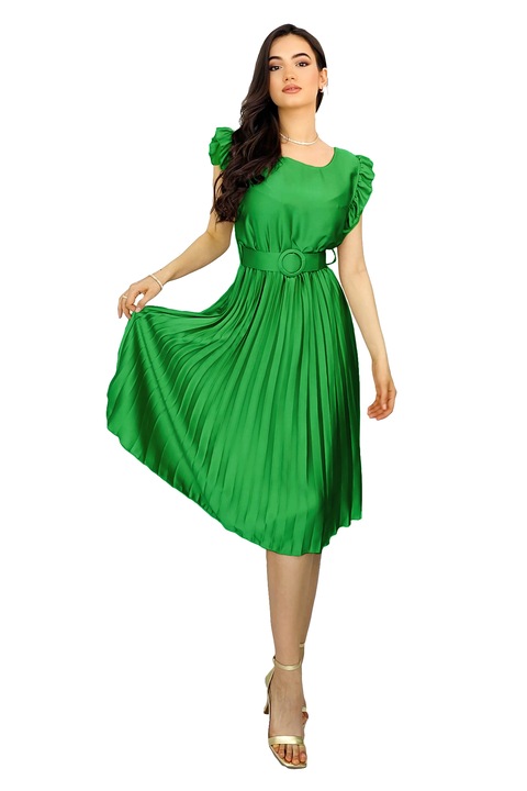 Velve Elenor rakott midi ruha, fodrokkal és hozzáillő övvel, világos zöld, univerzális méret S/M