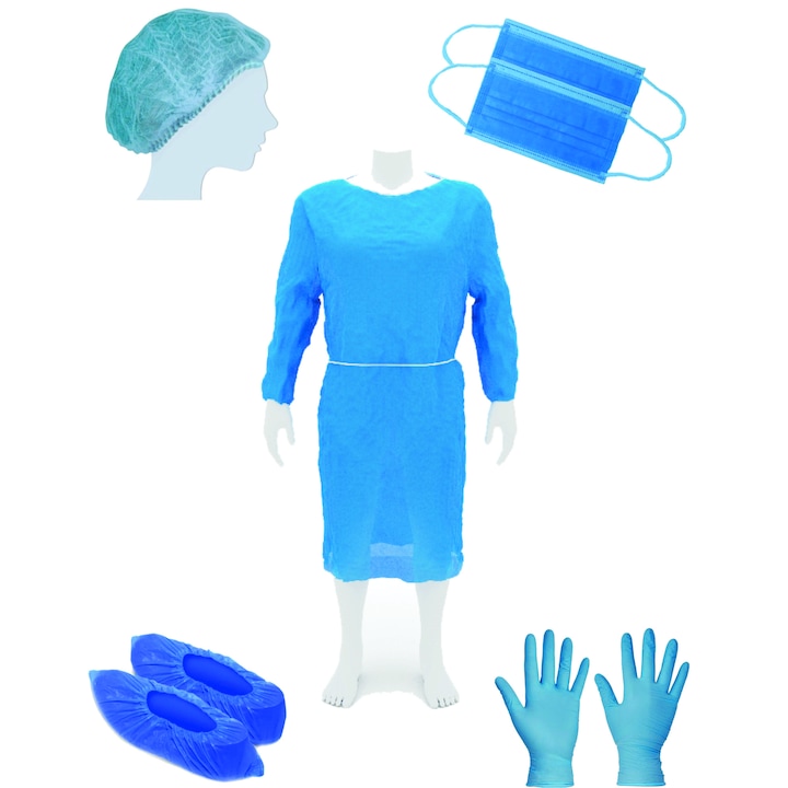 Orvosi egyenruha csomag DR. Mayer eldobható, 10 ruha, 50 sapka, 50 pár papucs, 50 maszk, 50 pár kesztyű, kék szín, univerzális méret