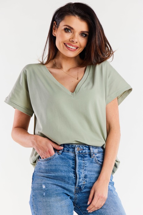 Bluza Dama, Awama, Material Bumbac, Stil Zilnic, Uni, Croi Regular, Fara Inchidere, Maneci Scurte, Decolteu In Forma De V, Fara Buzunare, One Size, Menta