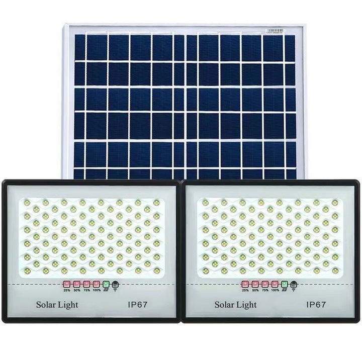 Set 2 proiectoare LED cu Panou Solar Flippy, Senzor de miscare, Telecomanda, Waterproof, 200 LED-uri incorporate, 200W, 22x20 cm, IP67, Design Modern, Negru