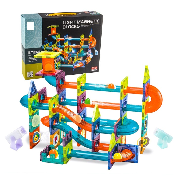 Конструкционен комплект Magic Light Magnets, включва 110 части, свети в тъмното, силни магнити, следа от топка, много възможности за изграждане, STEM, образователни и творчески, Indiggo®, 3 години+, жълто/оранжево