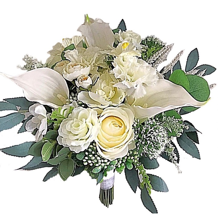 Set 2 lumanari cununie din ceara Naturala, Buchet Mireasa din flori de matase, Cocarda ginere