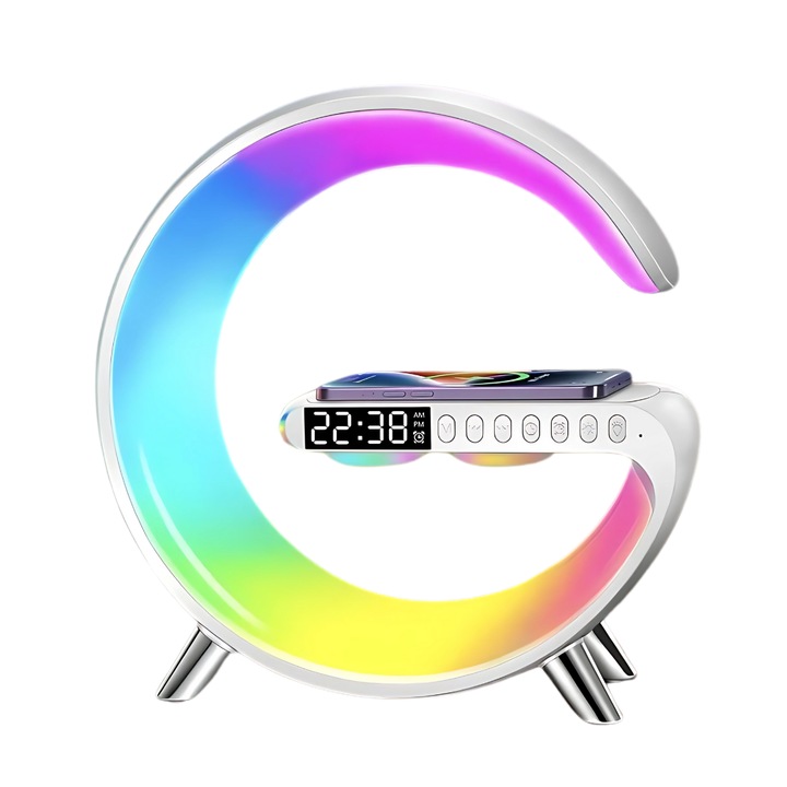 Vezeték nélküli töltő, RGB LED okoslámpa, állítható világítás, Bluetooth hangszóró 5W, gyorstöltés 15W, alkalmazásvezérlés, digitális kijelző, digitális óra, zeneszinkronizálás, USB töltés, fehér