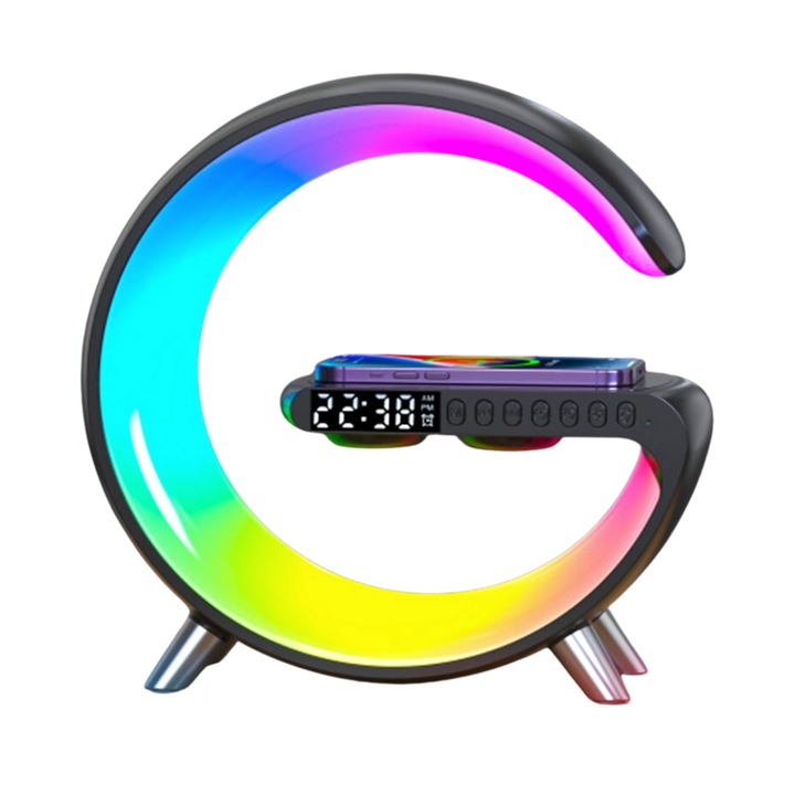 Безжично зарядно устройство, RGB LED интелигентна лампа, димируеми светлини, 5W Bluetooth високоговорител, 15W бързо зареждане, управление на приложения, цифров дисплей, цифров часовник, музикално синхронизиране, отговор на повикване, USB зареждане, слот