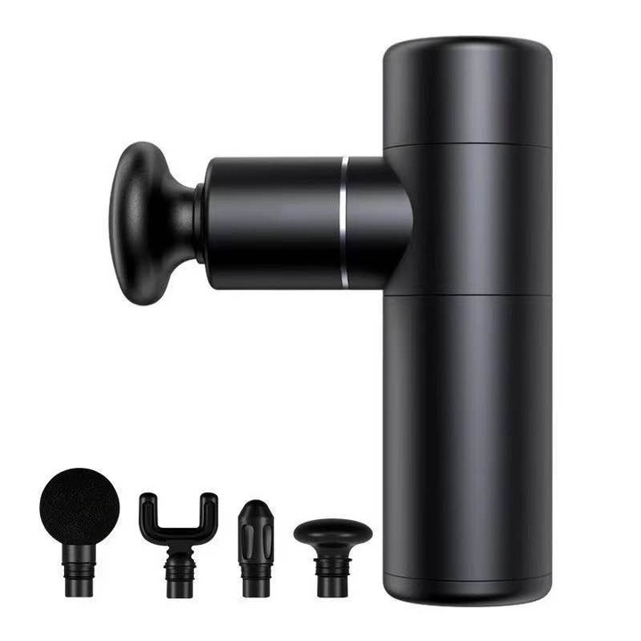 Професионален масажор SeveShop, Тип пистолет, 4 глави, 4 скорости, Безшумен безчетков мотор, 3200 удара, 1500 mAh, Калъф за съхранение, Черен