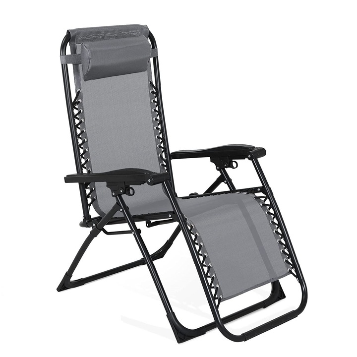 Scaun pescuit, camping, pliant, cotiere reglabile, structura metalica,176 x 66 x 110 cm, gri