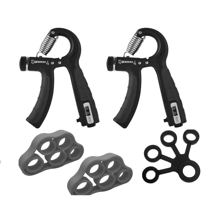 Комплект флексори, С функция за броене, 2 флексора, Пружина от неръждаема стомана, Регулируемо съпротивление, Тренировка на пръстите, За спортисти/музиканти, 5-60 кг