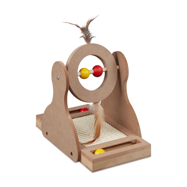 Jucarie pentru pisici, de zgariat, 2 piste pentru minge, roata cu bile, sisal/MDF, maro, 30 x 17 x 30 cm