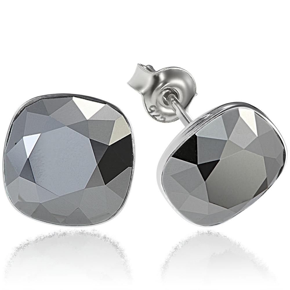 Cercei Argint 925 placat cu rodiu cu cristale Swarovski® Princess Square 10mm Light Chrome Surub