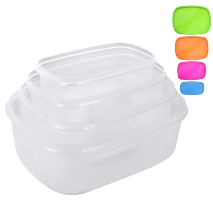Set caserole alimentare, 4 dimensiuni, plastic, cu capace colorate, multicolor/transparent, de 590ml, 1100ml, 1800ml si 2900ml