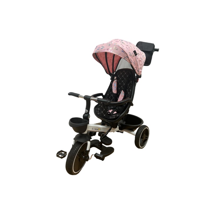 Триколка Go Kart, L-Sun, за деца с регулируем сенник, позиция за сън, обръщаща се седалка, розова