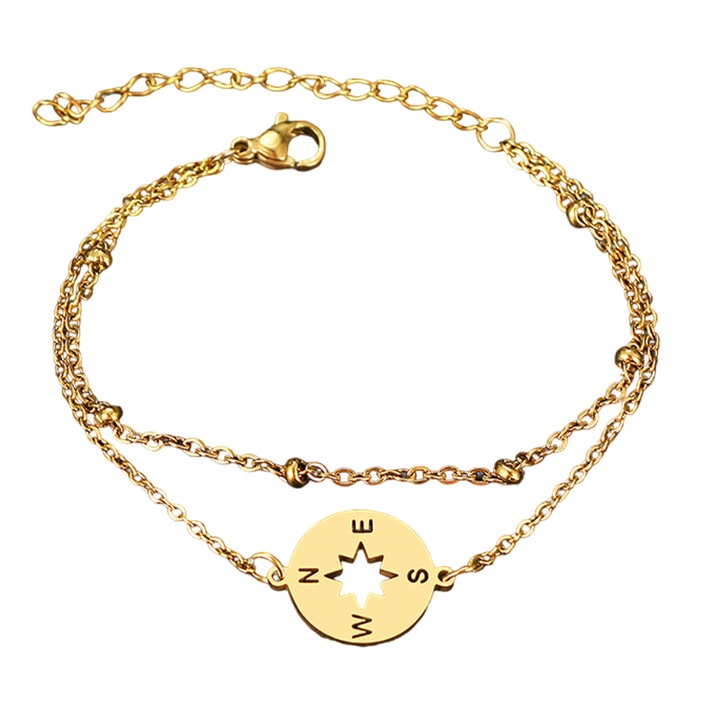 Дамска гривна, двойна, модел компас, кръгла висулка с посоки, с аксесоари топка, злато, EFAYN