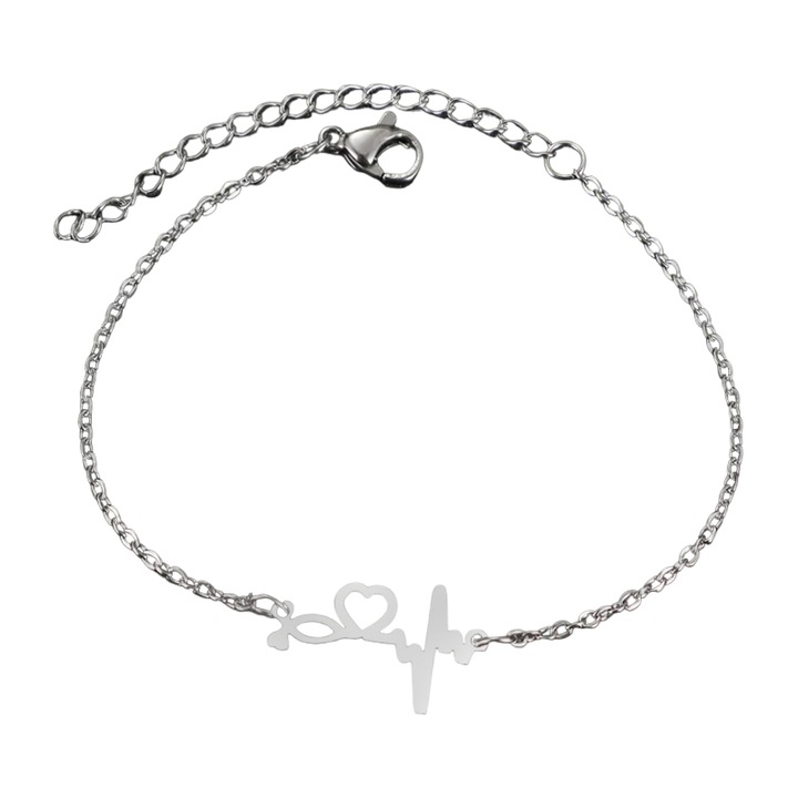 Дамска гривна, модел heartbeat, висулка сърце, регулируема, сребриста, EFAYN