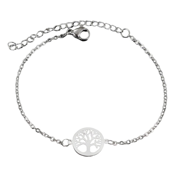 Bratara dama, model tree of life, pandantiv rotund copacul vietii, reglabila, argintie, EFAYN