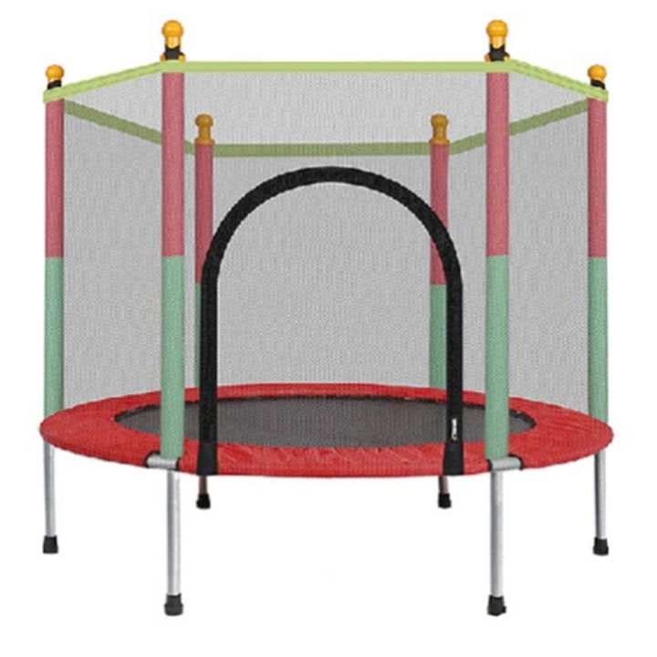 Trambulina pentru copii de gradina cu plasa exterioara cu fermoar, multicolor, 140 x 116 cm, sarcina maxima 150 kg