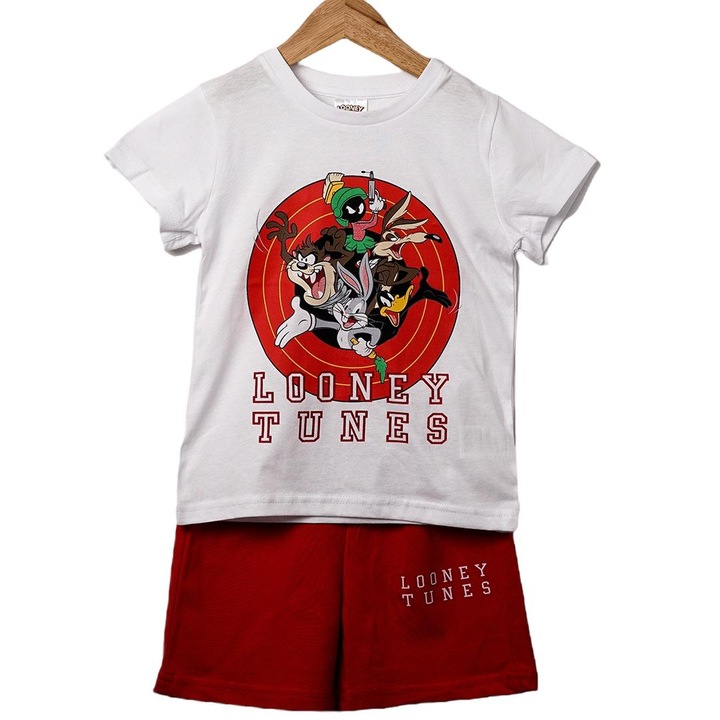 Set tricou si pantaloni scurti, Looney Tunes, Bumbac, Alb/Rosu, Rosu/Alb