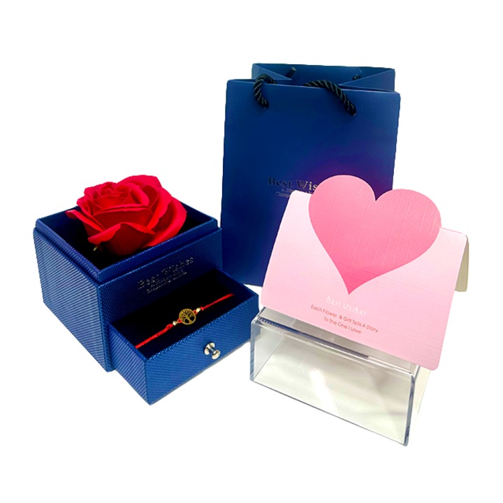 Комплект, сапунена роза в кутия, с чекмедже, гривна и карта за подарък, синьо, Velve, 10x9 см