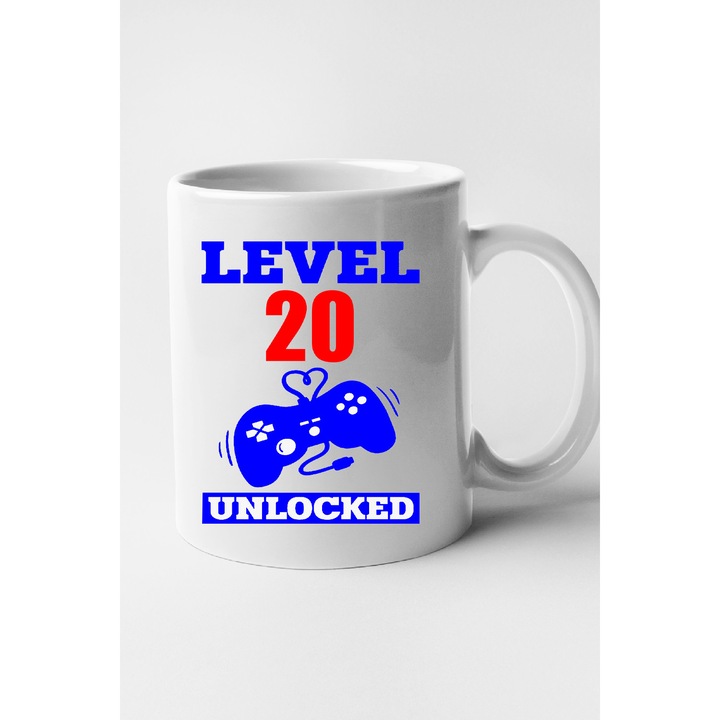 Cana personalizata cu imprimeu Level 20 unlocked, Ceramica, 330 ml, Maner si interior Alb