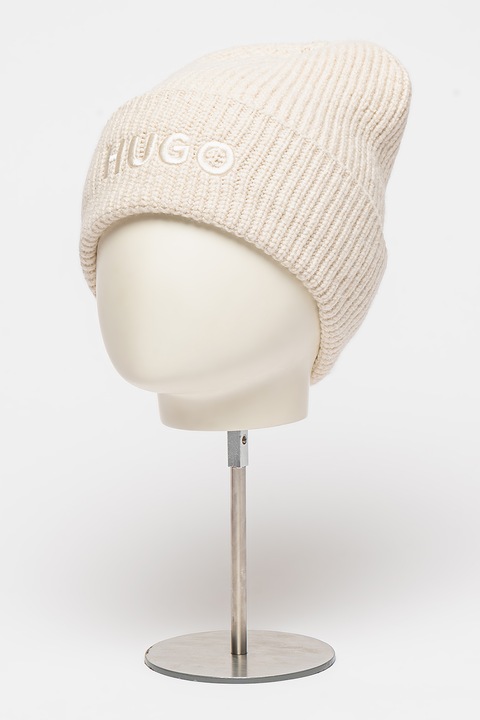 HUGO, Caciula cu aspect striat si broderie logo Social, Alb melanj