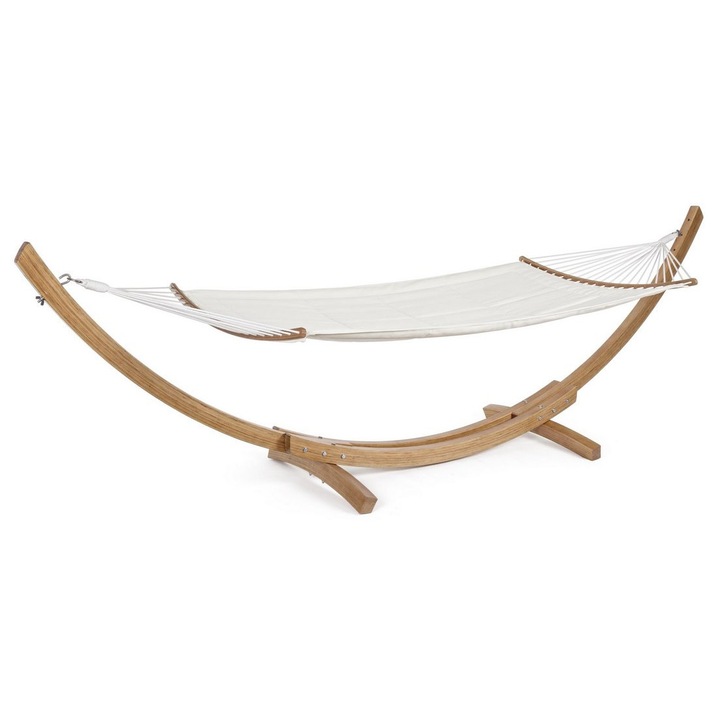 Hamac textl alb suport lemn maro 383x89x120 cm