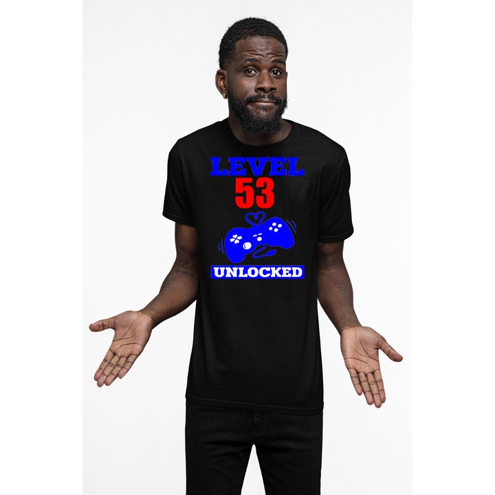Персонализирана мъжка тениска с щампа, Level 53 unlocked, Памук, Черна, L