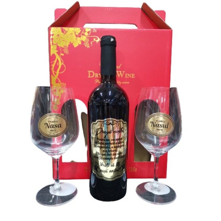 Set sticla vin cu 2 pahare in cutie carton Dary Home, Dragii nostii, pentru noi, voi...Vreti sa fiti Nasii nostrii? 39x26x9cm